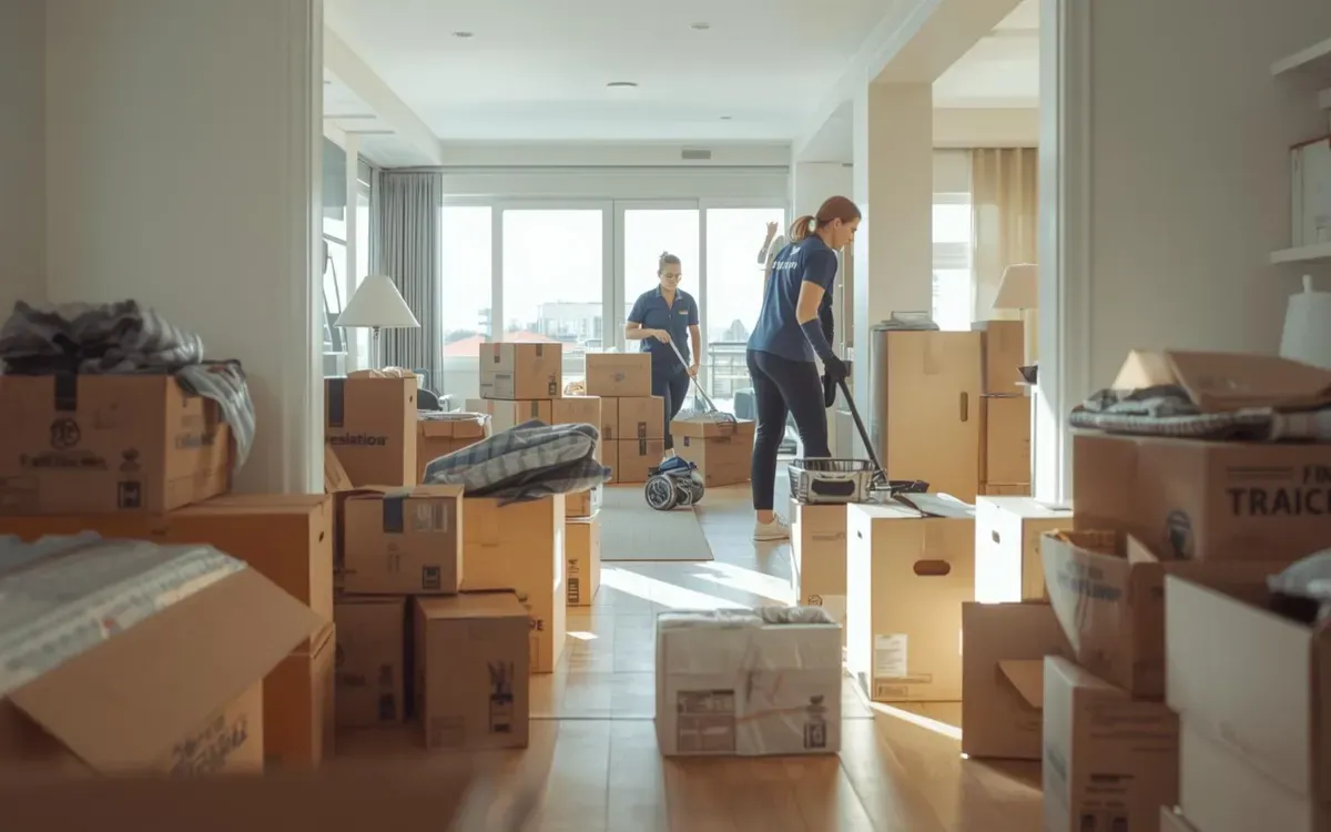 Professional cleaners performing move-out cleaning in a home filled with packing boxes for Next Day Cleaning.