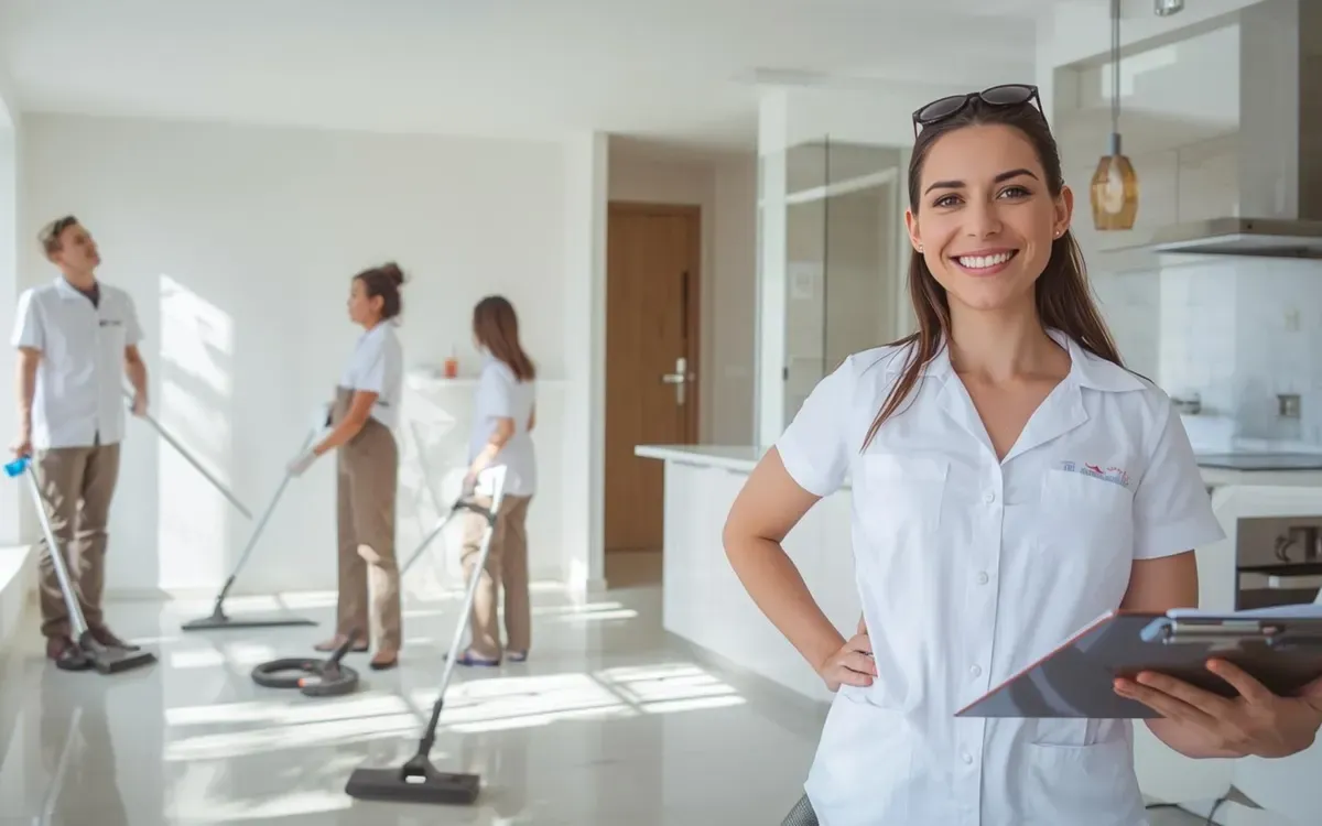 Smiling cleaning supervisor with a clipboard overseeing a professional cleaning team working on polished floors for Next Day Cleaning.