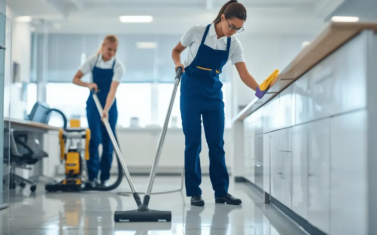 Two professional cleaners in uniforms cleaning a modern office; one is vacuuming the floor while the other wipes down a countertop.