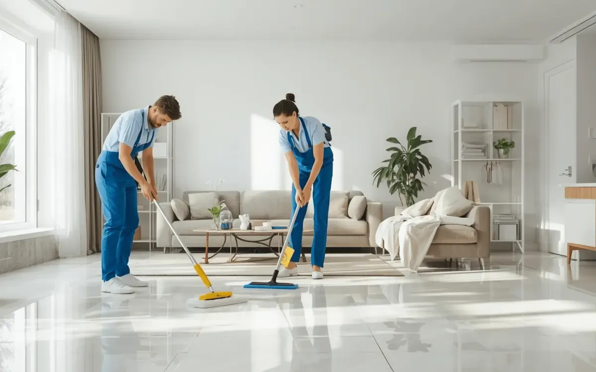 Two professional cleaners in blue uniforms mopping the shiny tile floor of a modern living room with beige sofas, plants, and bright natural light.