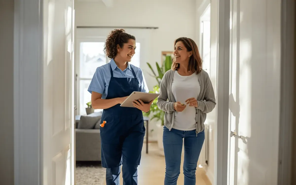 Smiling professional cleaner in uniform holding a tablet talking with a homeowner in a bright hallway.