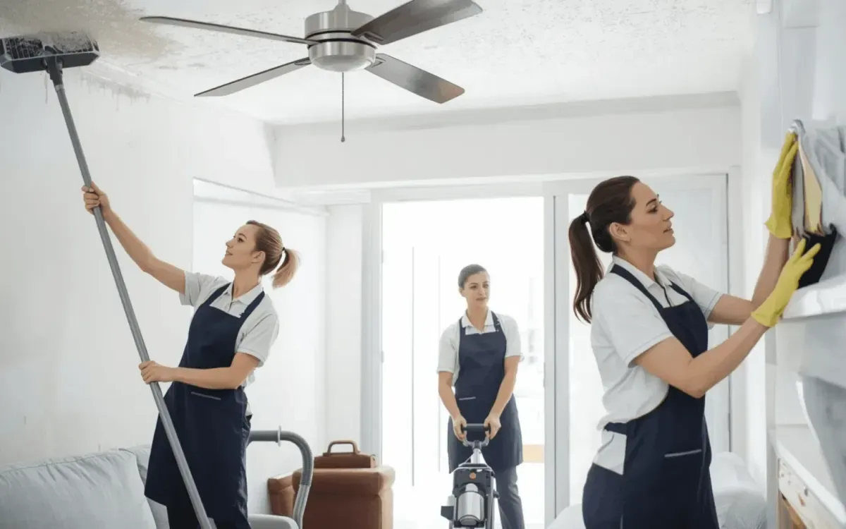 Three professional cleaners in uniforms working inside a modern living room, one dusting the ceiling, another vacuuming the floor, and the third wiping shelves with gloves.