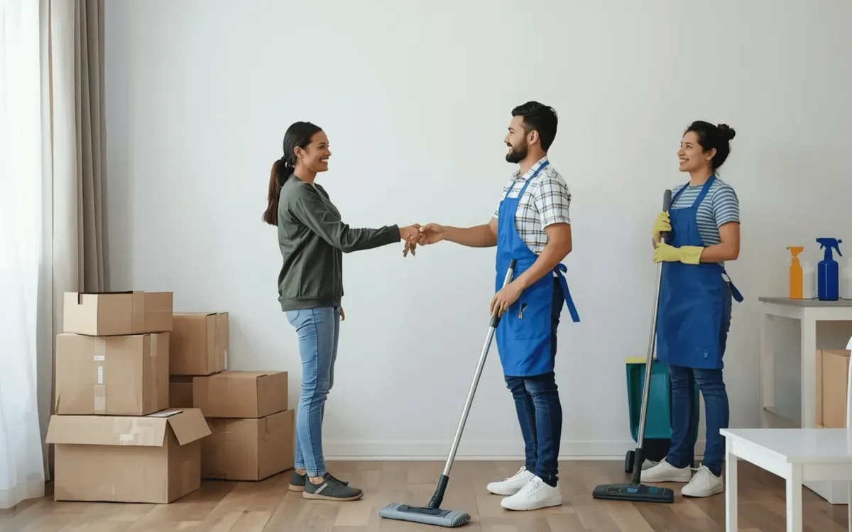 Next Day Cleaning team completing a move-out cleaning as a client shakes hands with a cleaner in a freshly cleaned home.