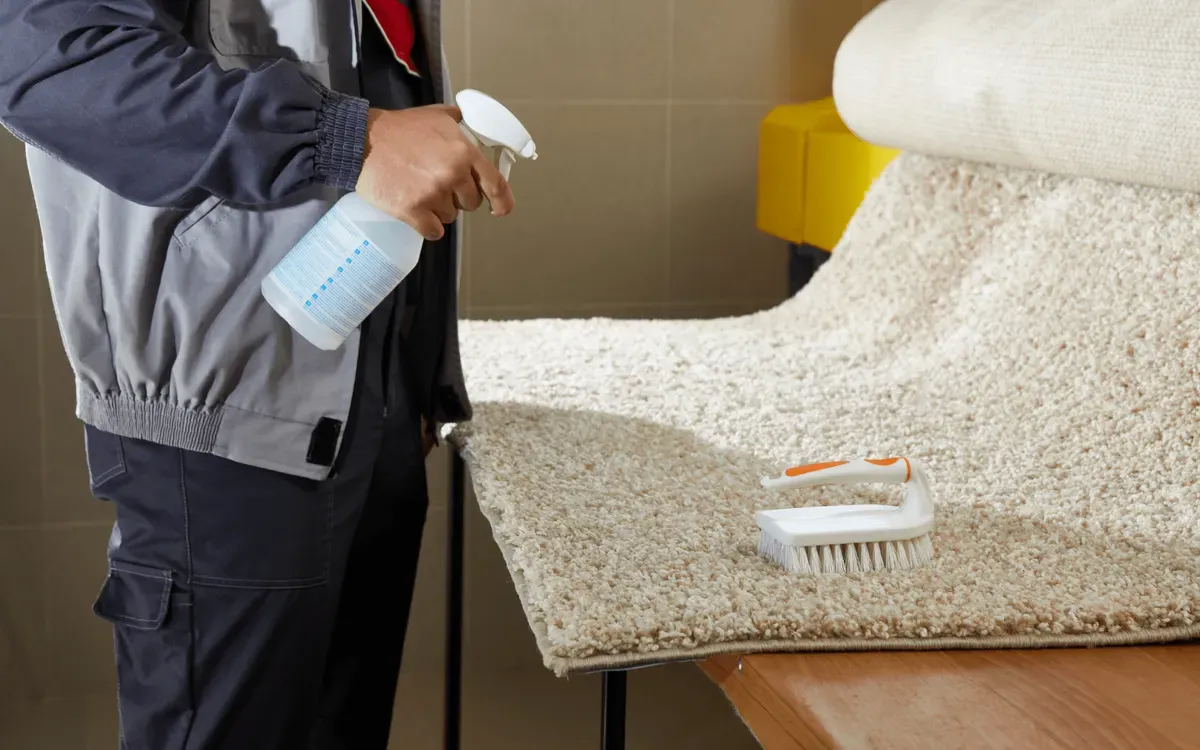 Professional carpet cleaning service using spray solution and brush for deep stain removal.