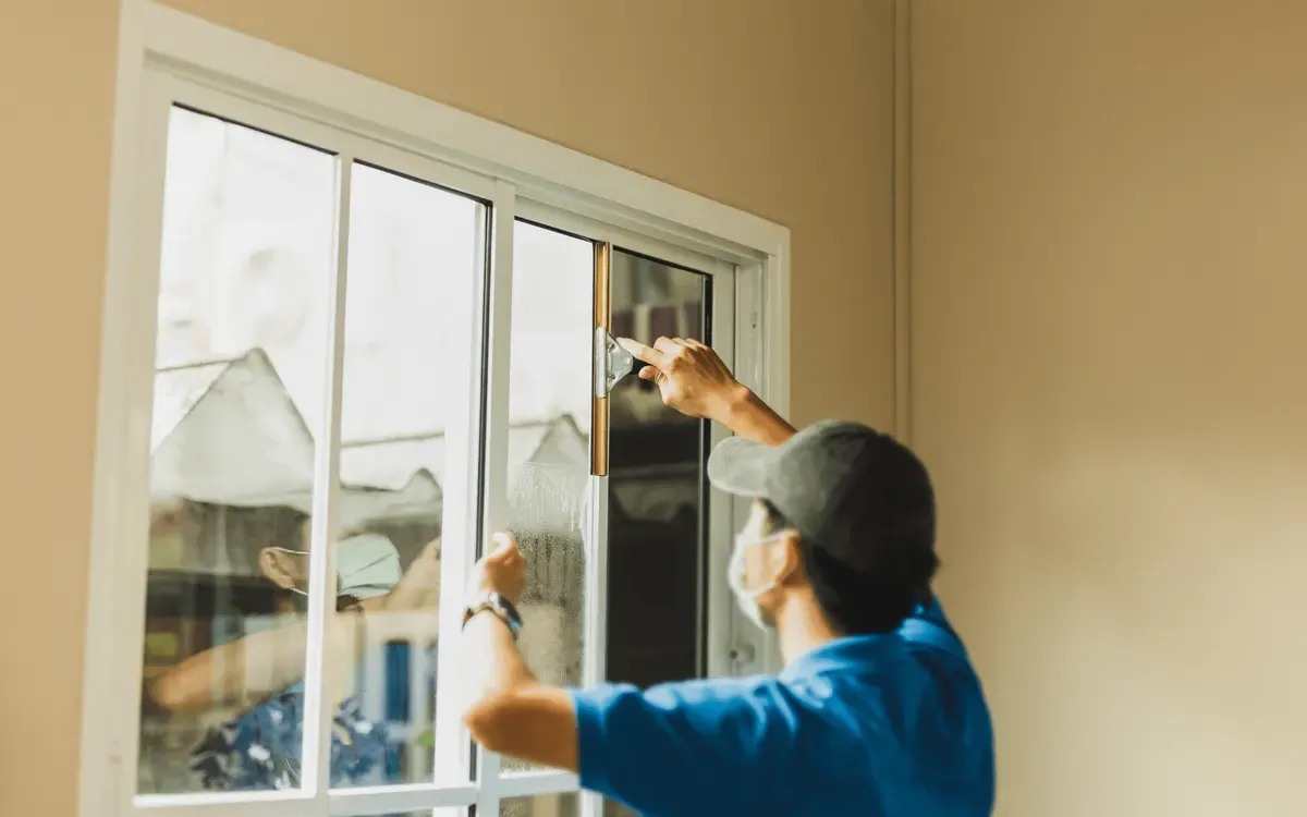 Professional cleaning sliding glass window with squeegee – residential window washing service.