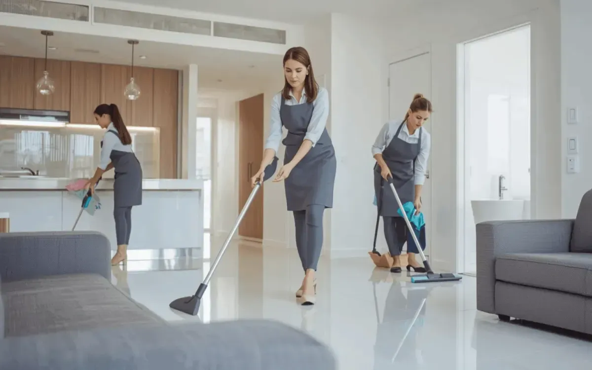 Professional cleaners from Next Day Cleaning mopping and wiping surfaces in a modern living room and kitchen during a deep cleaning service.
