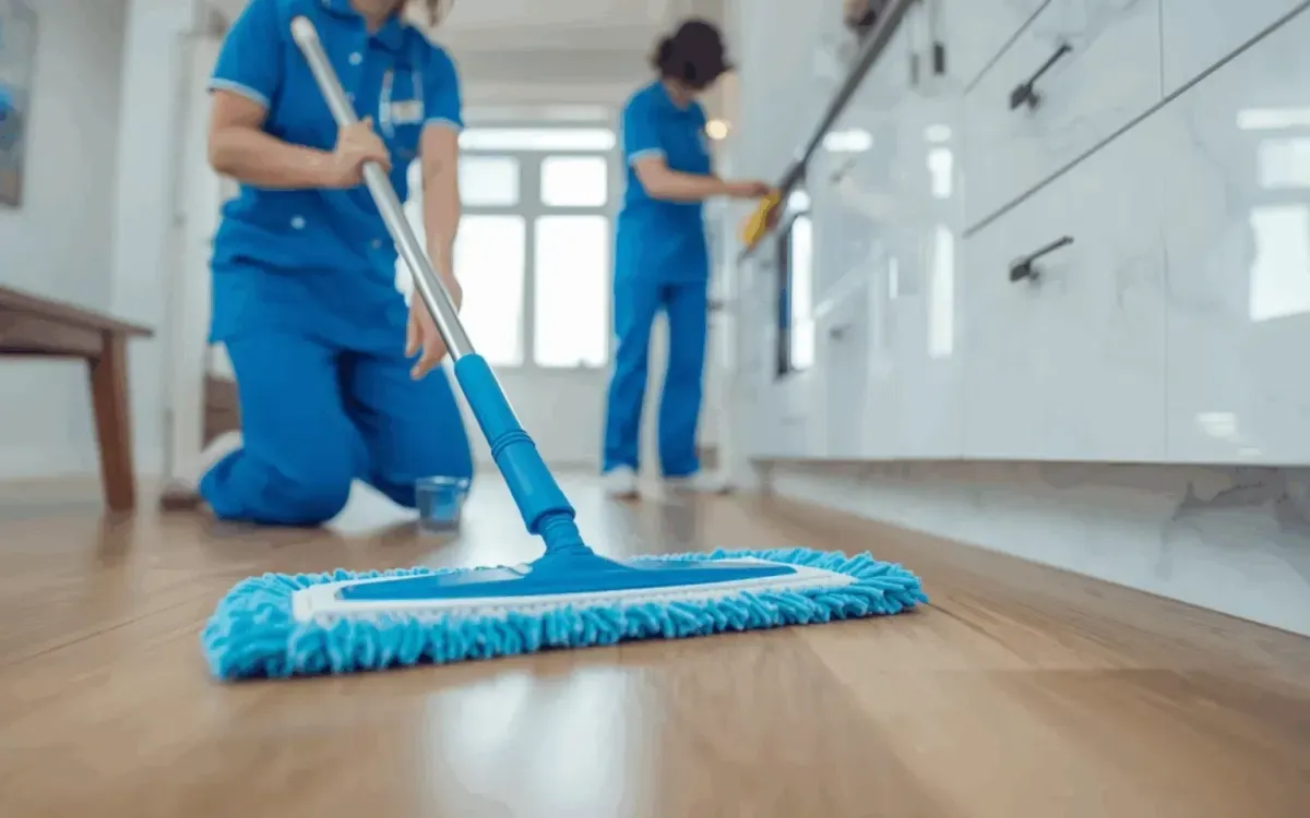 Professional cleaners in blue uniforms mopping and wiping surfaces in a modern kitchen with wooden floors.